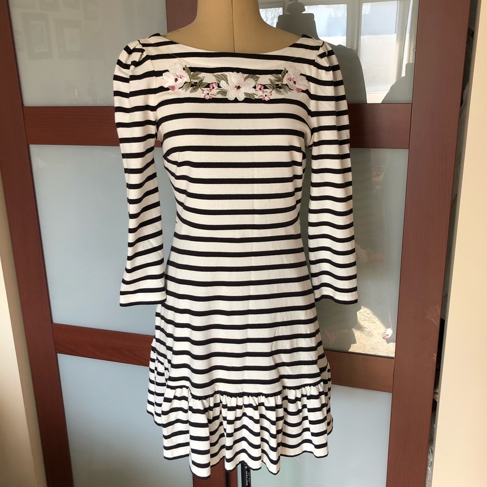 Kate Spade Black and White Striped Dress with Floral Accents